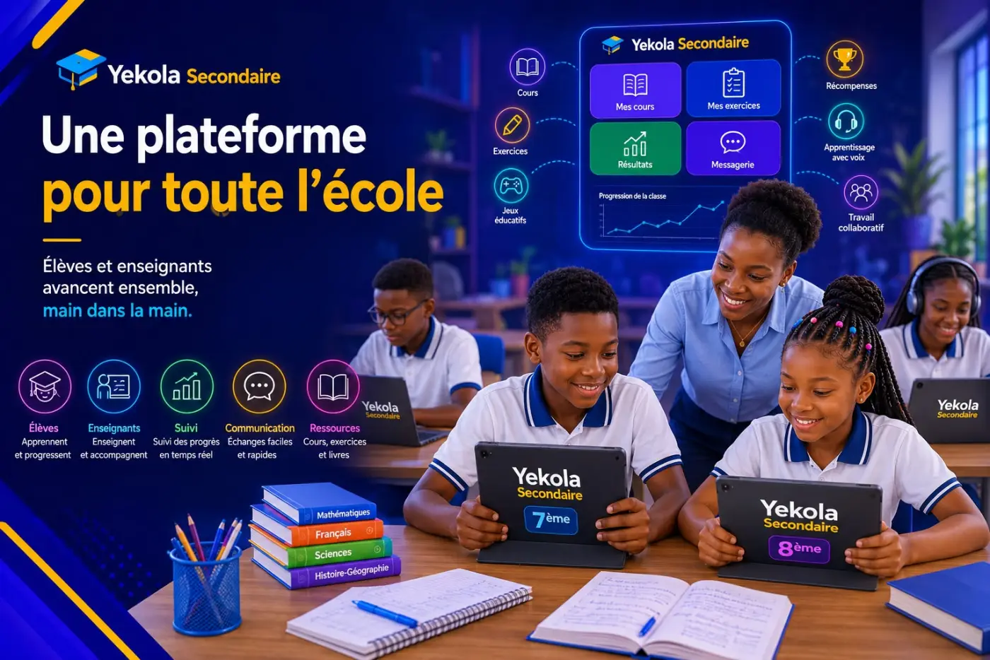 Une plateforme pour toute l’école — élèves et enseignants avancent ensemble, main dans la main.